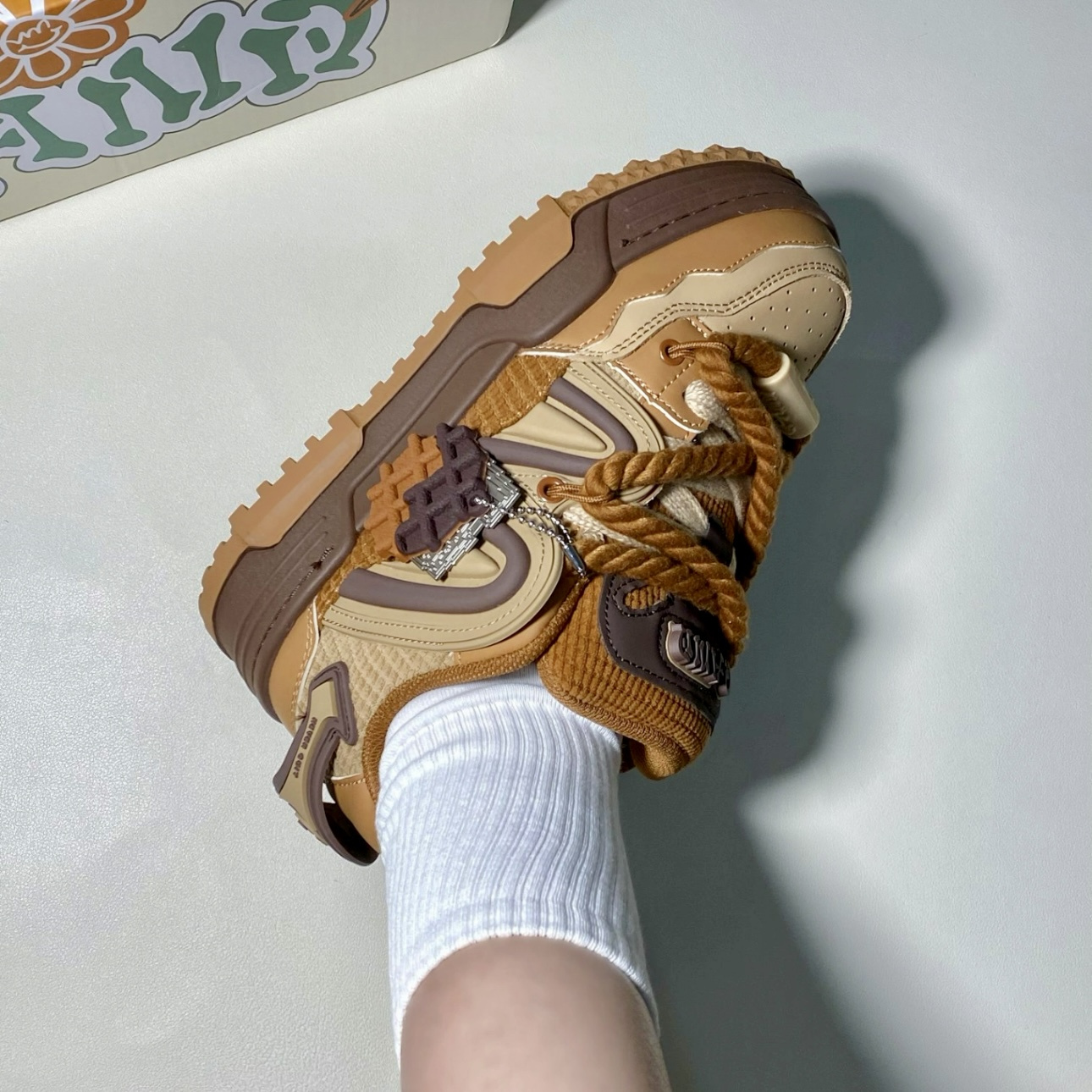 Brown Retro Chunky Sneakers with Waffle Charm & Rope Laces