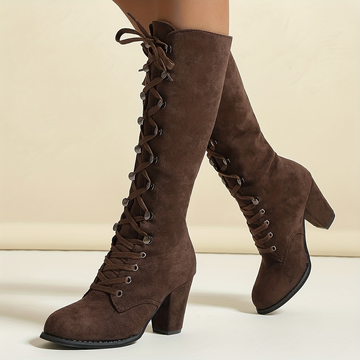 Brown Suede Lace-Up Knee-High Block Heel Boots