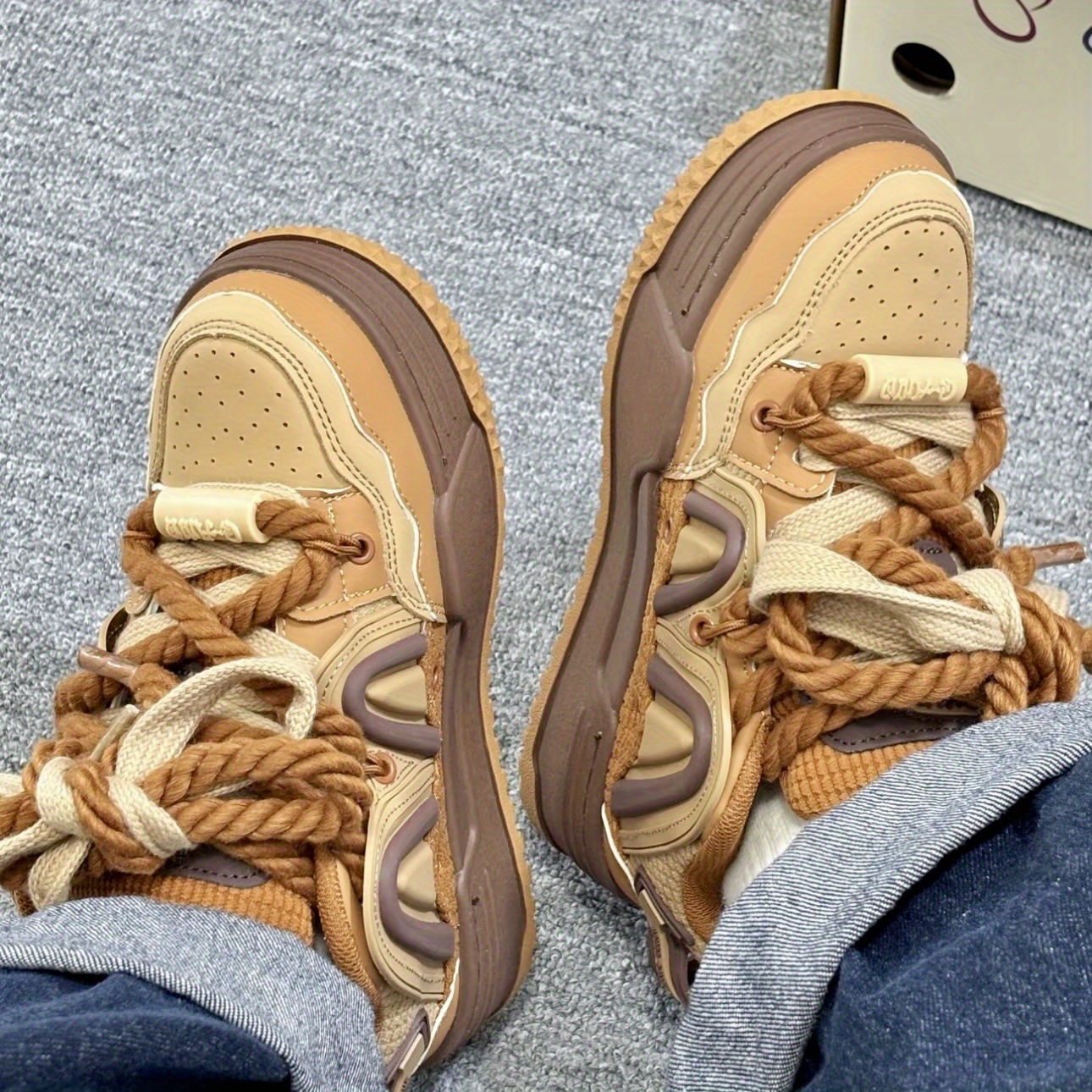 Brown Retro Chunky Sneakers with Waffle Charm & Rope Laces