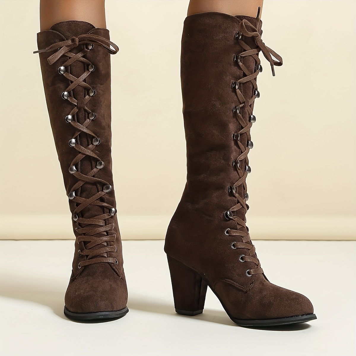 Brown Suede Lace-Up Knee-High Block Heel Boots