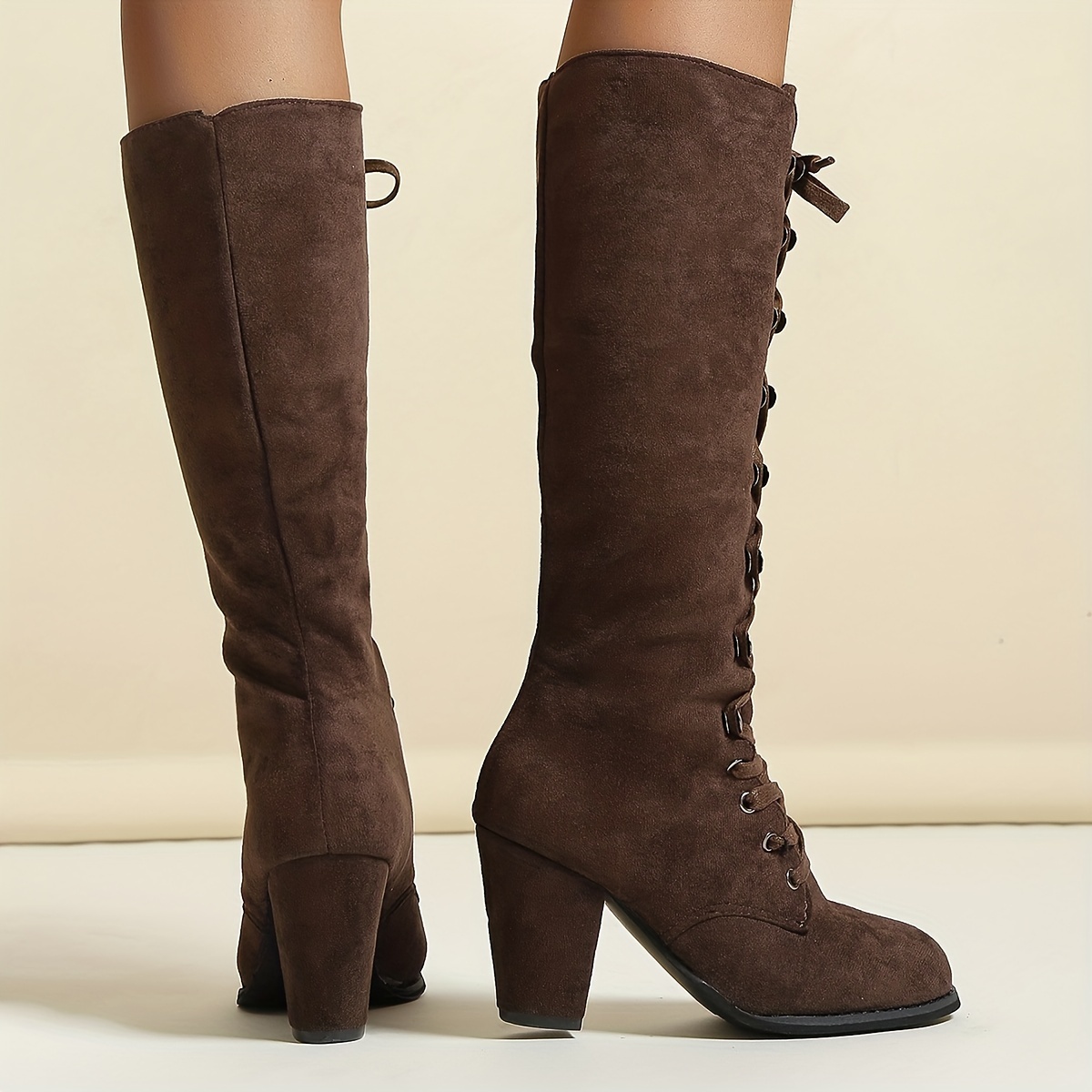 Brown Suede Lace-Up Knee-High Block Heel Boots
