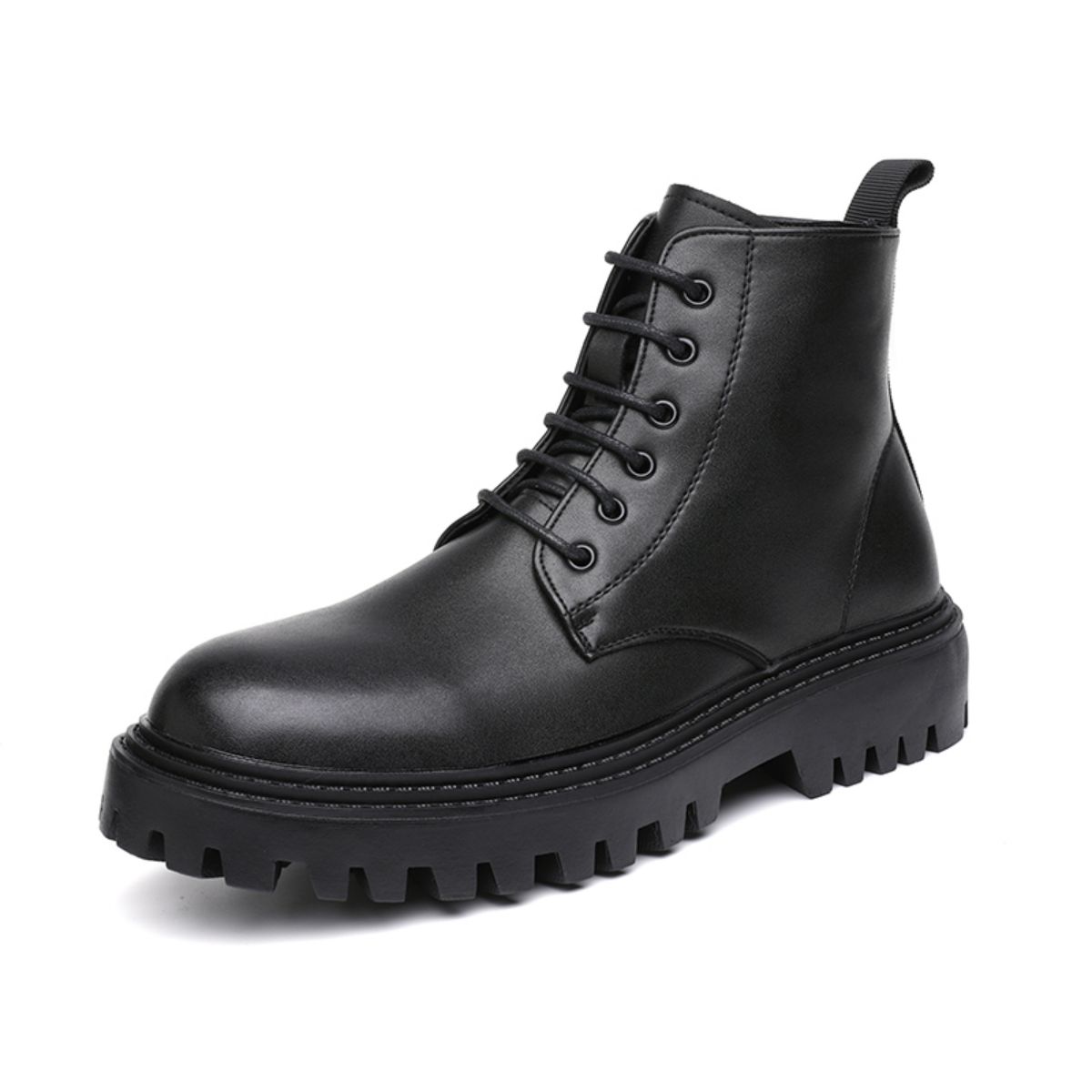 English style boots, genuine leather, winter plush, medium top black short boots