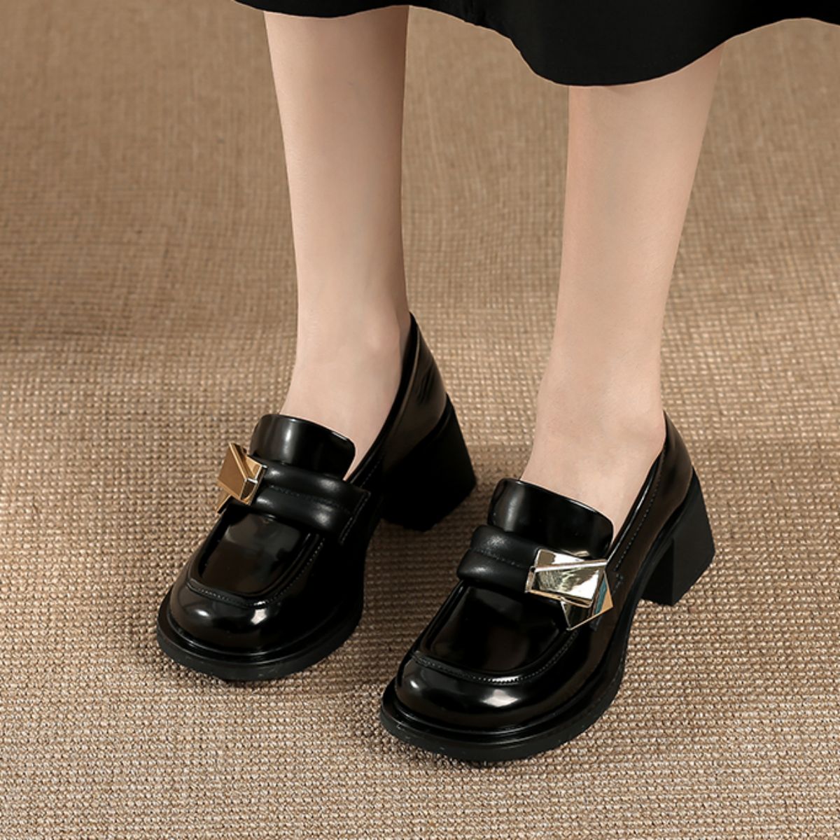 Vintage British Style Black Mary Jane Loafers with High Chunky Heels - Classic and Stylish