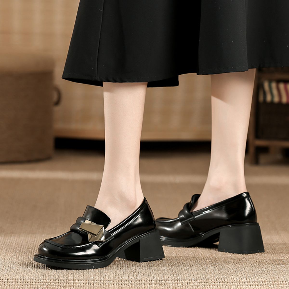 Vintage British Style Black Mary Jane Loafers with High Chunky Heels - Classic and Stylish
