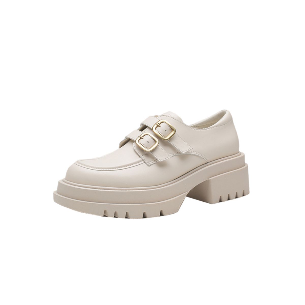 White Mary Jane Loafers with Chunky Heels - Genuine Leather High Heeled Platform Shoes
