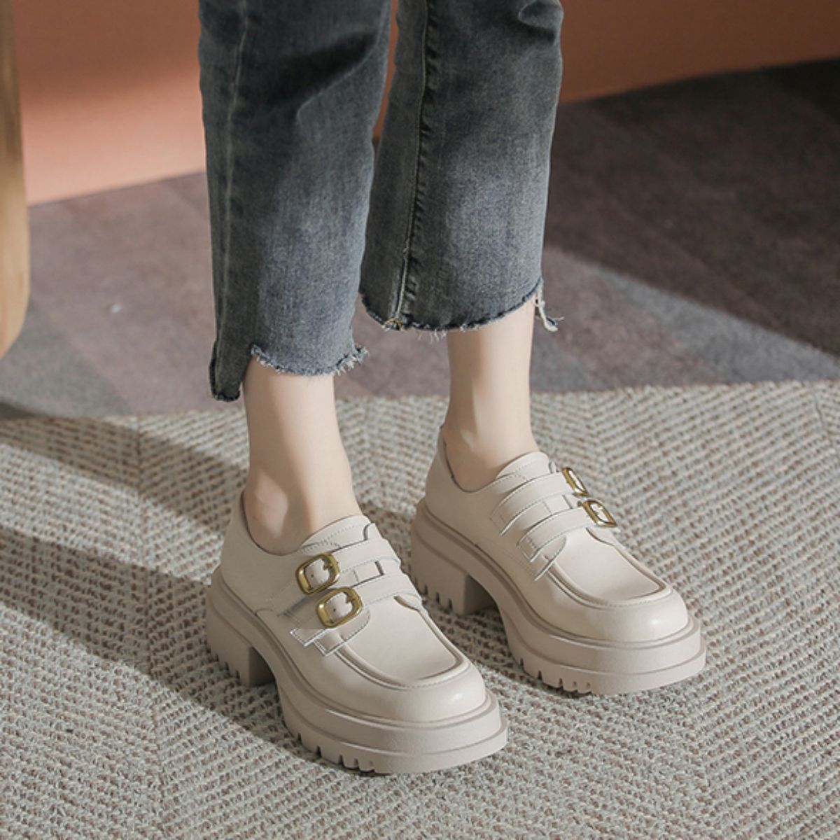 White Mary Jane Loafers with Chunky Heels - Genuine Leather High Heeled Platform Shoes