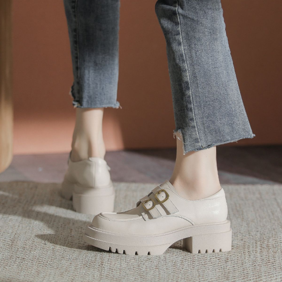 White Mary Jane Loafers with Chunky Heels - Genuine Leather High Heeled Platform Shoes