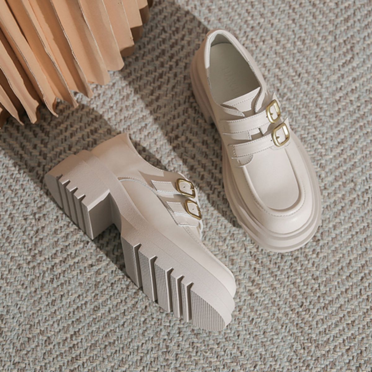 White Mary Jane Loafers with Chunky Heels - Genuine Leather High Heeled Platform Shoes