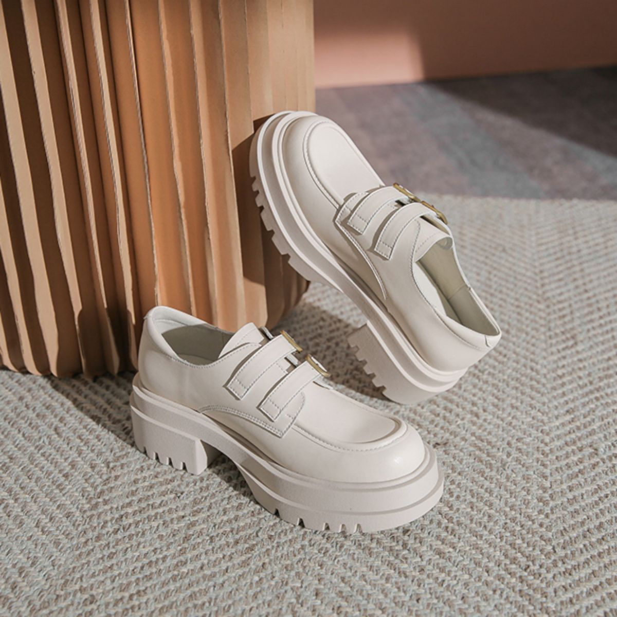 White Mary Jane Loafers with Chunky Heels - Genuine Leather High Heeled Platform Shoes