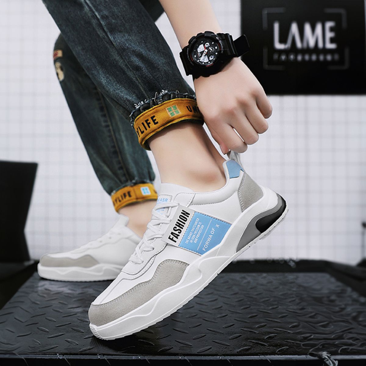 Versatile and Trendy White Sneakers - Casual Sporty Skate Shoes-blue