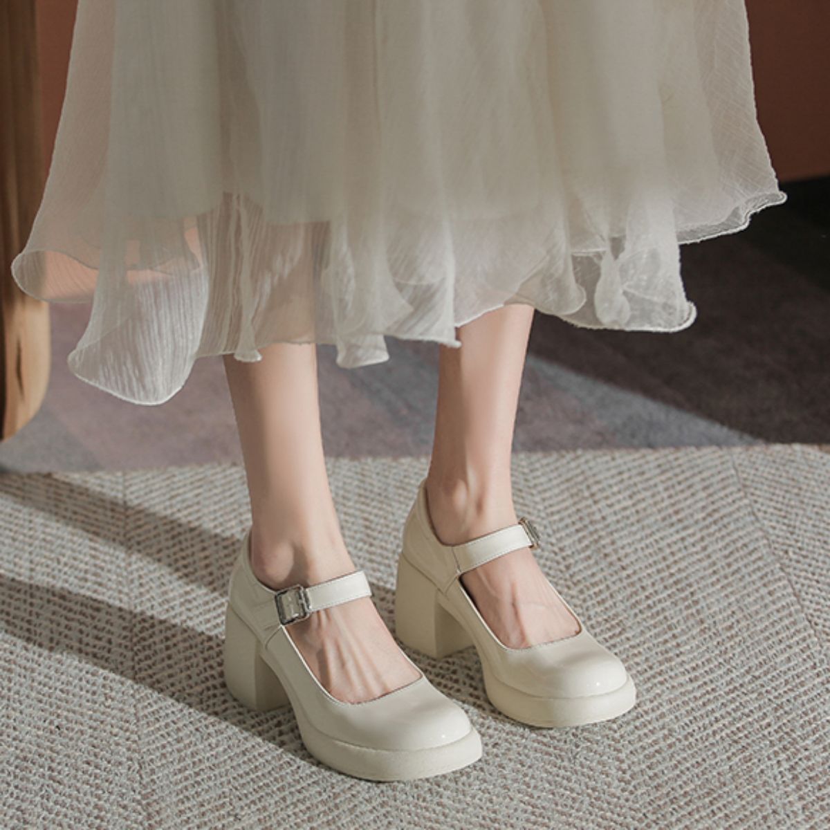 Genuine Leather Mary Jane High Heel Shoes-white