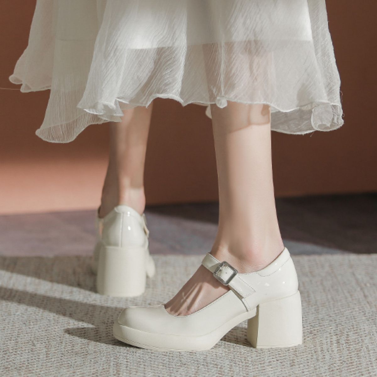 Genuine Leather Mary Jane High Heel Shoes-white