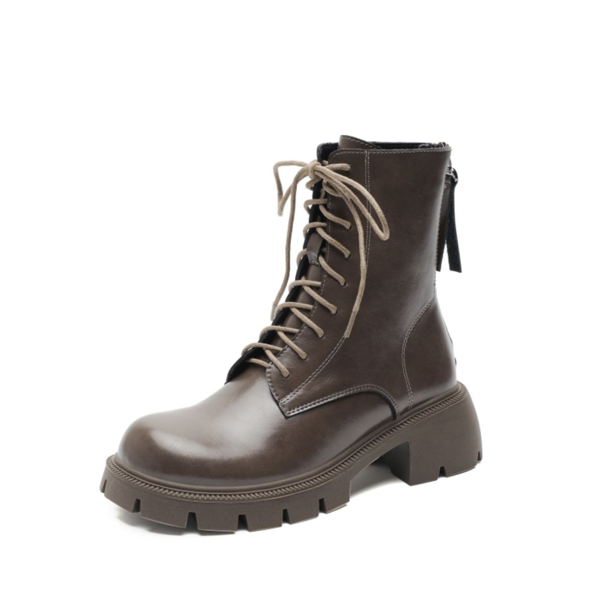 Genuine leather Martin boots, British slimming, thick heels, brown lace up short boots