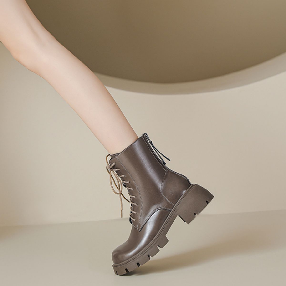 Genuine leather Martin boots, British slimming, thick heels, brown lace up short boots