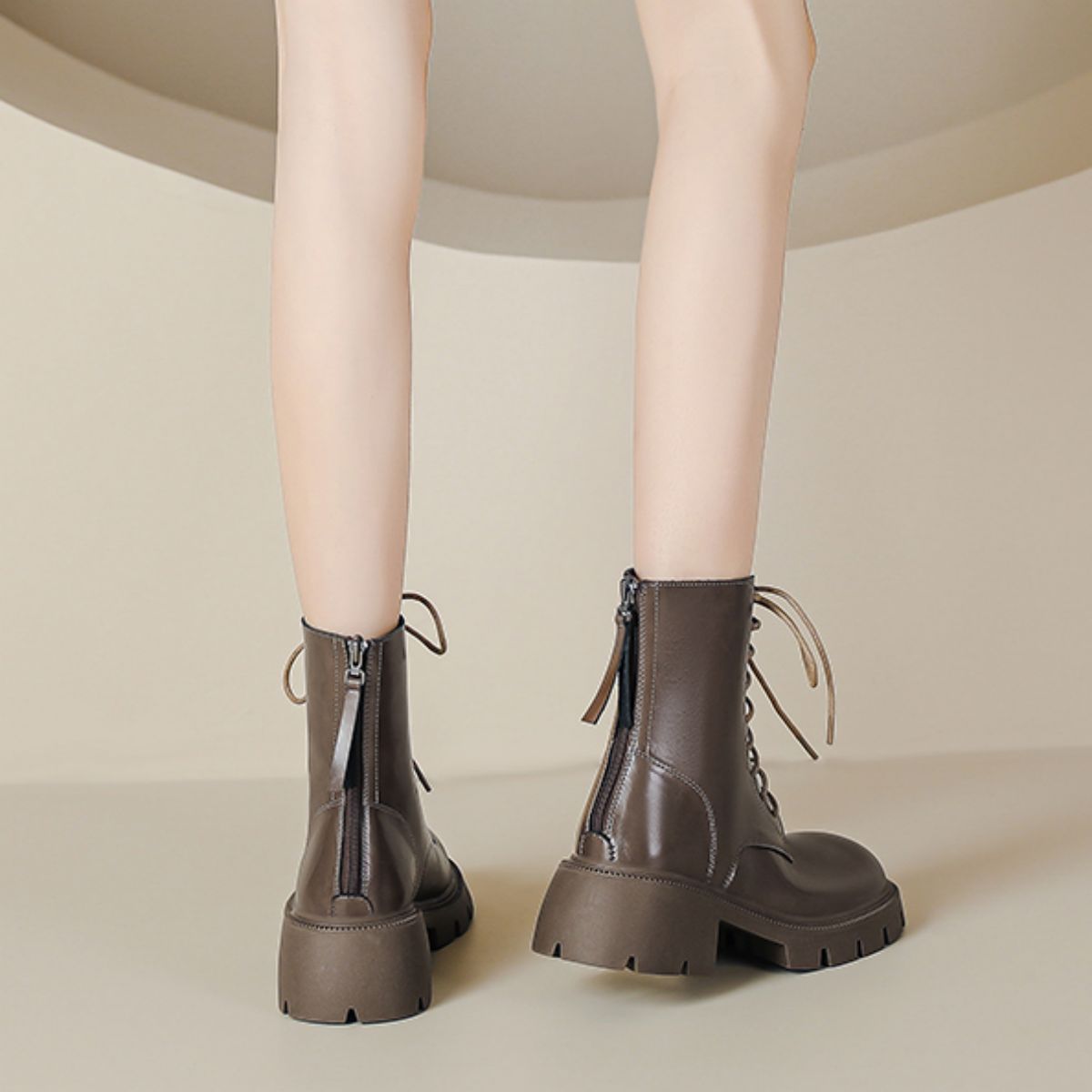 Genuine leather Martin boots, British slimming, thick heels, brown lace up short boots