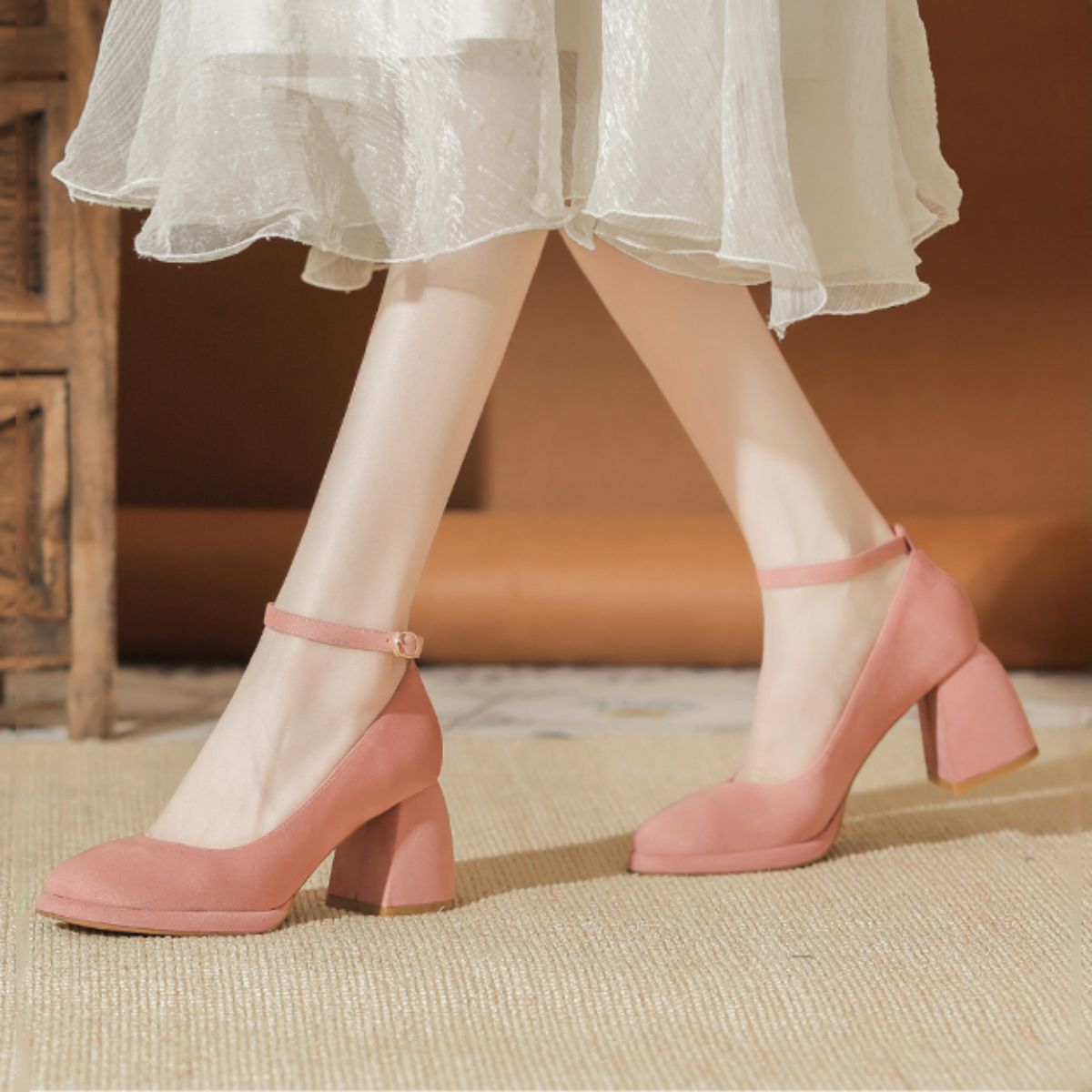 Mary Jane Velvet French Style Chunky Heel Shoes - Versatile Square Toe Low-cut Women's Shoes-pink