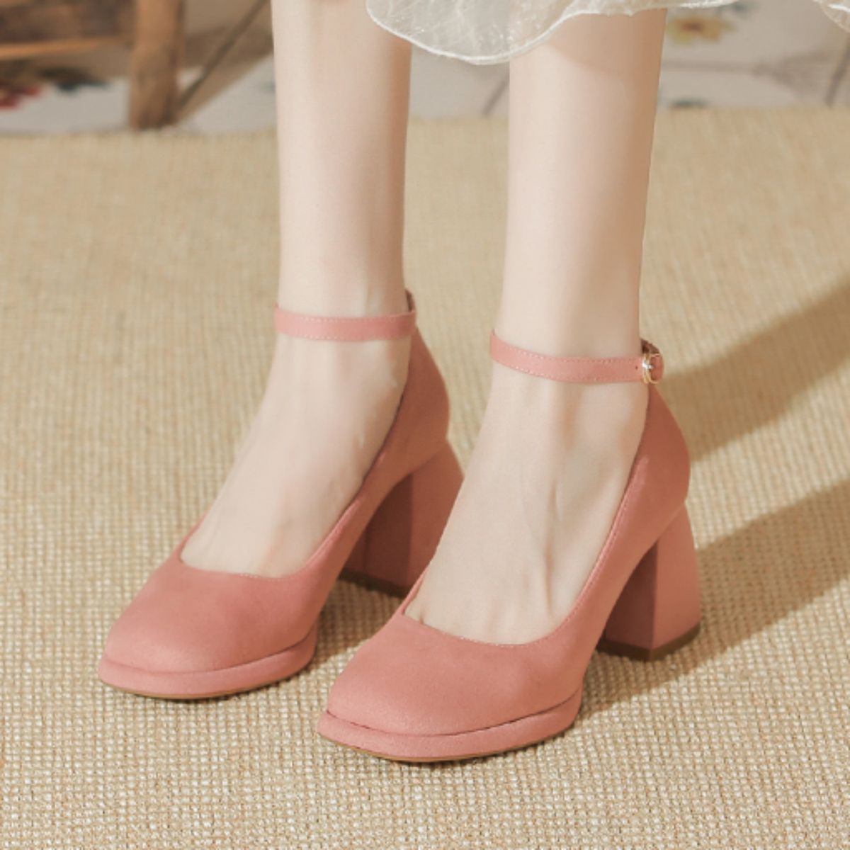 Mary Jane Velvet French Style Chunky Heel Shoes - Versatile Square Toe Low-cut Women's Shoes-pink