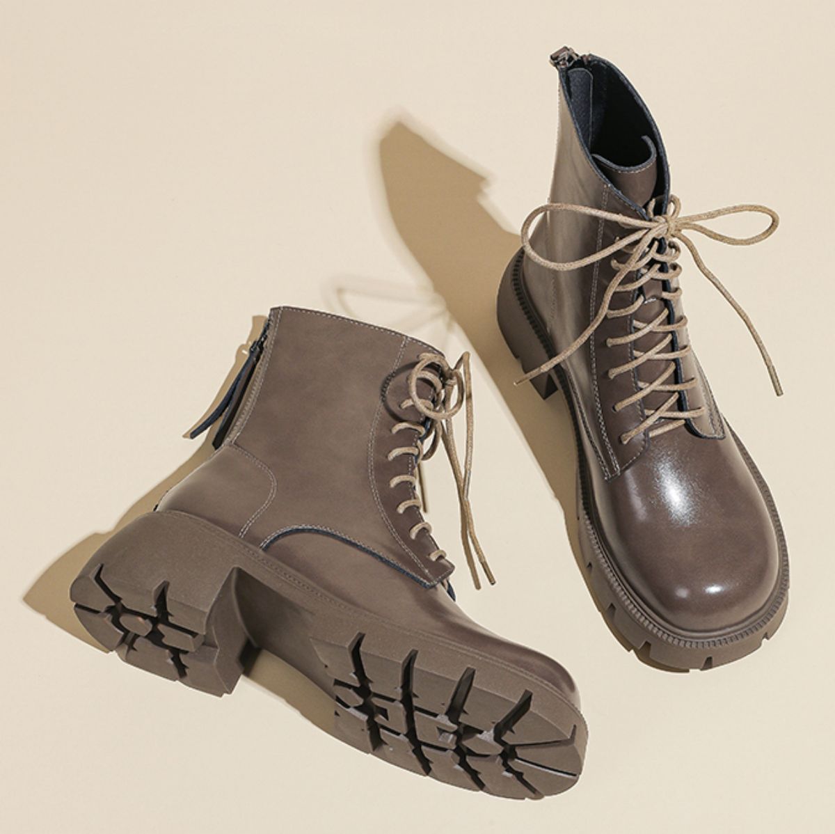 Genuine leather Martin boots, British slimming, thick heels, brown lace up short boots