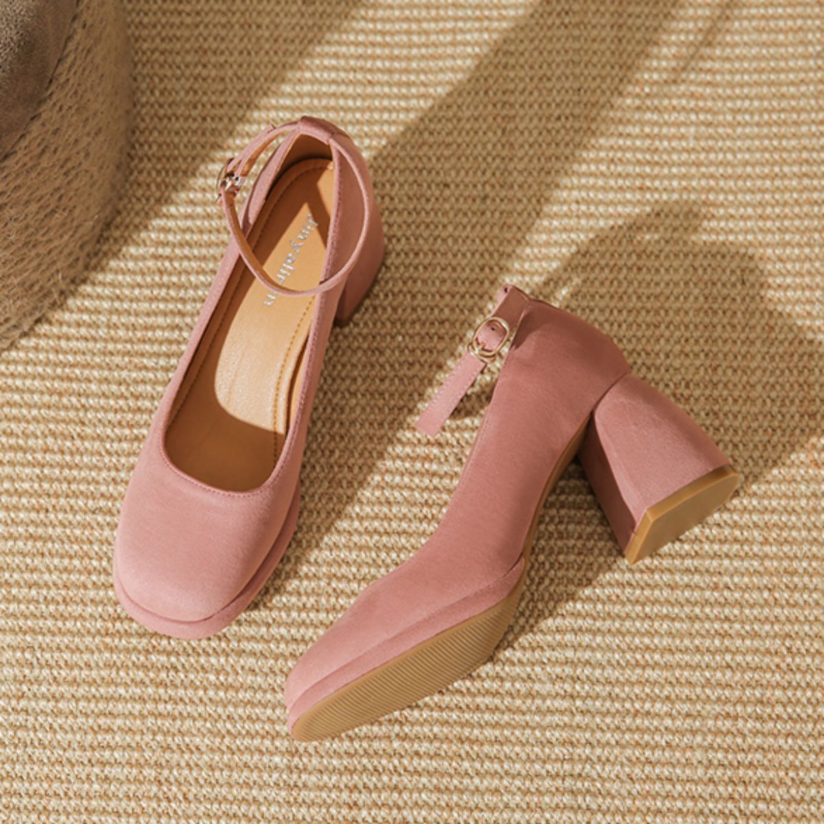 Mary Jane Velvet French Style Chunky Heel Shoes - Versatile Square Toe Low-cut Women's Shoes-pink