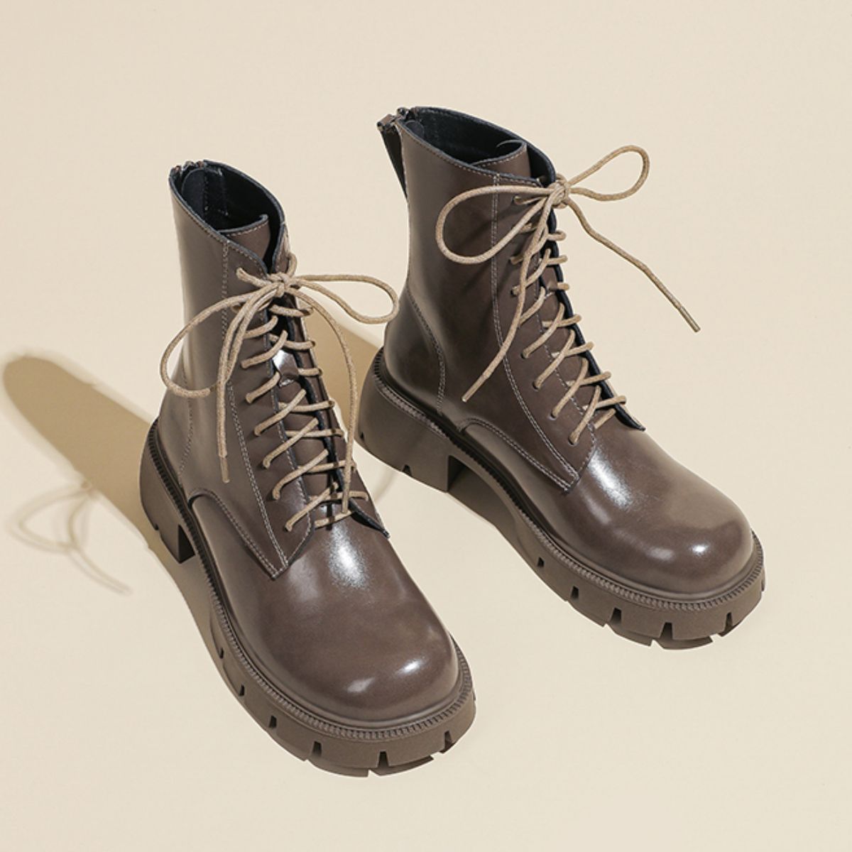 Genuine leather Martin boots, British slimming, thick heels, brown lace up short boots