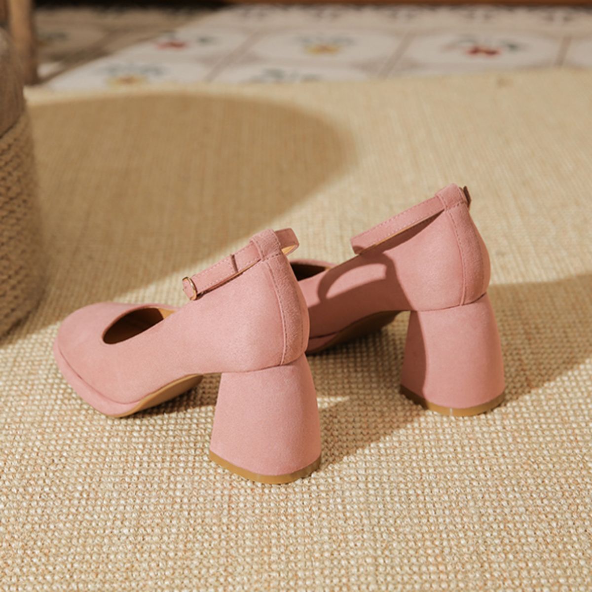 Mary Jane Velvet French Style Chunky Heel Shoes - Versatile Square Toe Low-cut Women's Shoes-pink