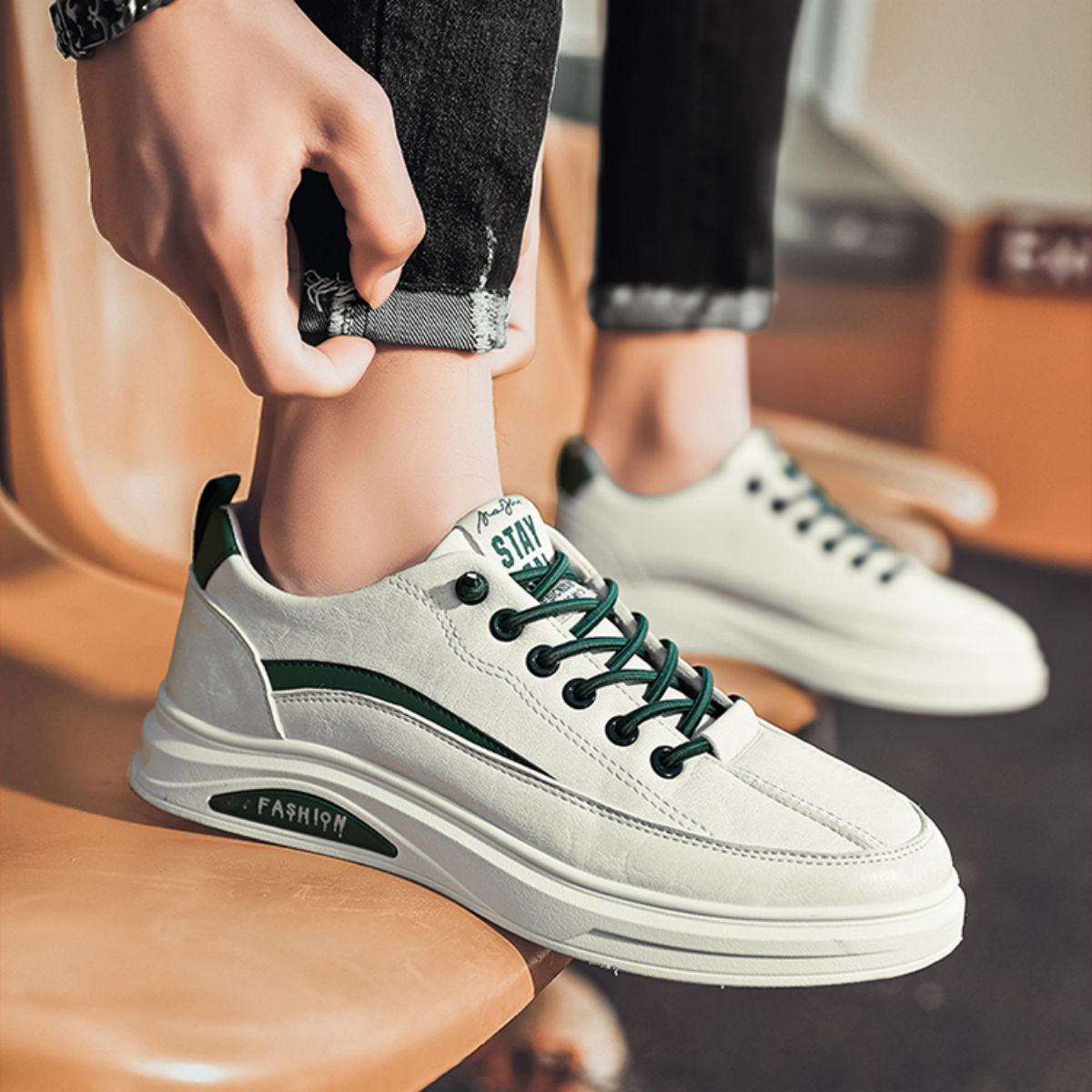 Leisure Sports Men's Flat Casual Sneakers-Beige