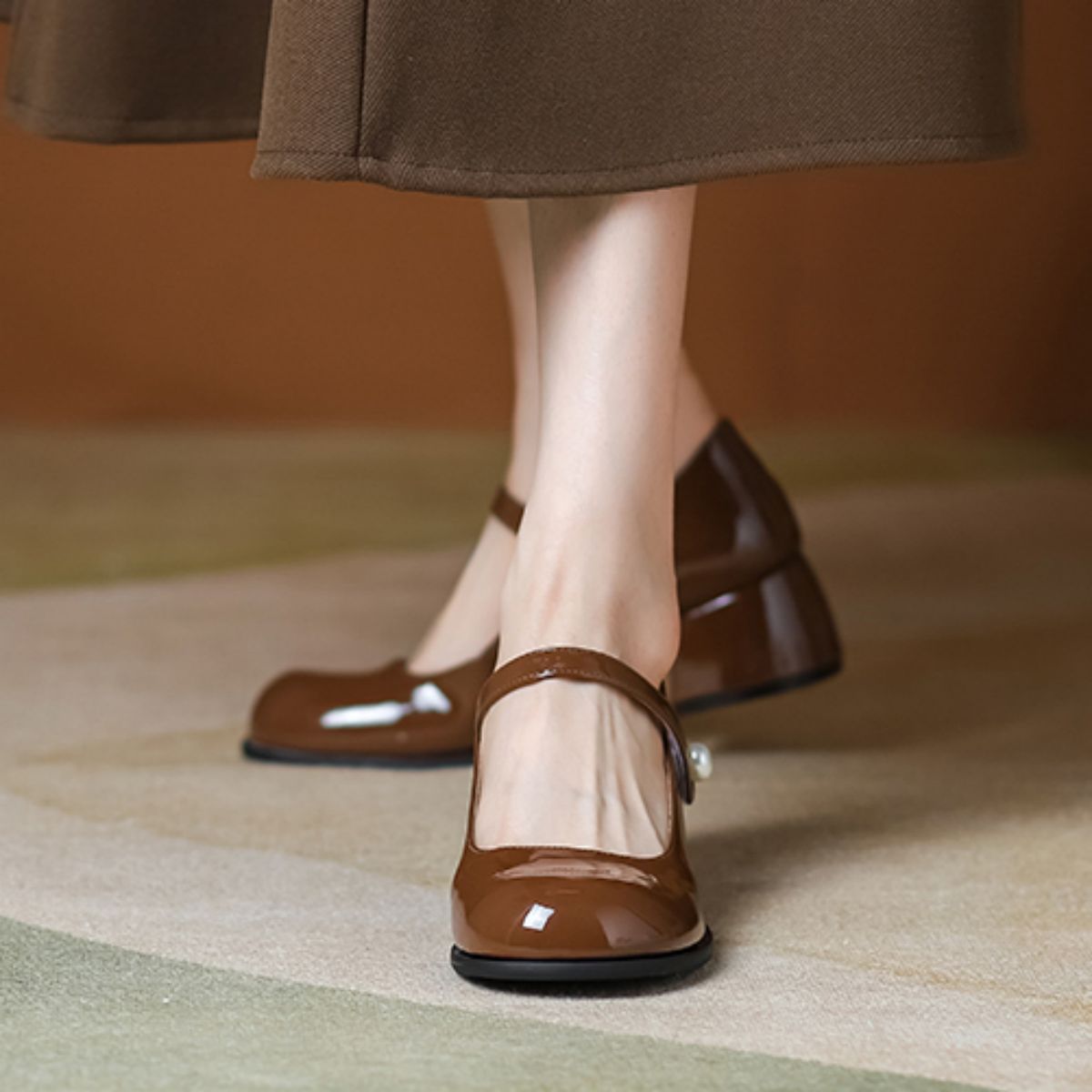 Genuine Leather Mary Jane Chic Chunky Heel Round Toe Single Shoes - Elegant and Sophisticated