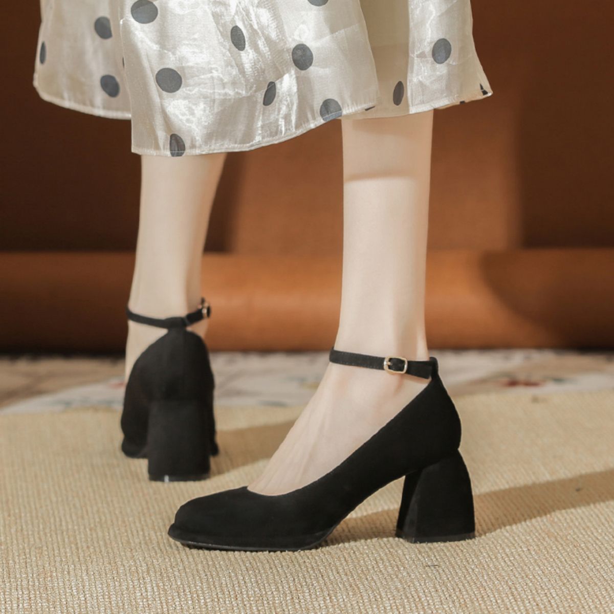 Mary Jane Velvet French Style Chunky Heel Shoes - Versatile Square Toe Low-cut Women's Shoes-black