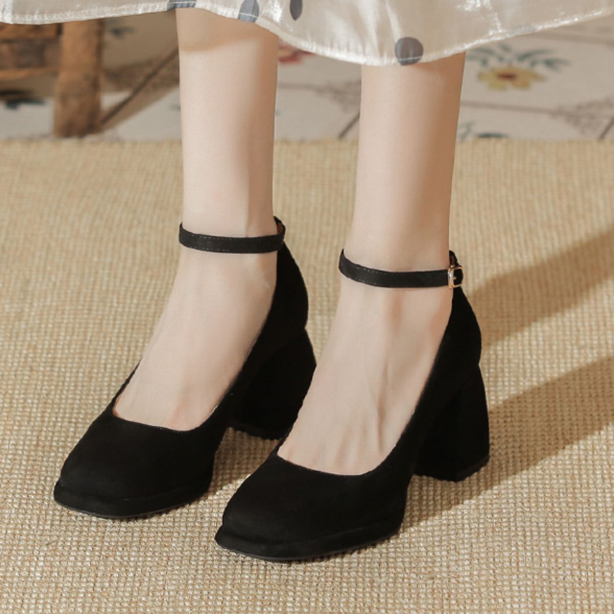 Mary Jane Velvet French Style Chunky Heel Shoes - Versatile Square Toe Low-cut Women's Shoes-black
