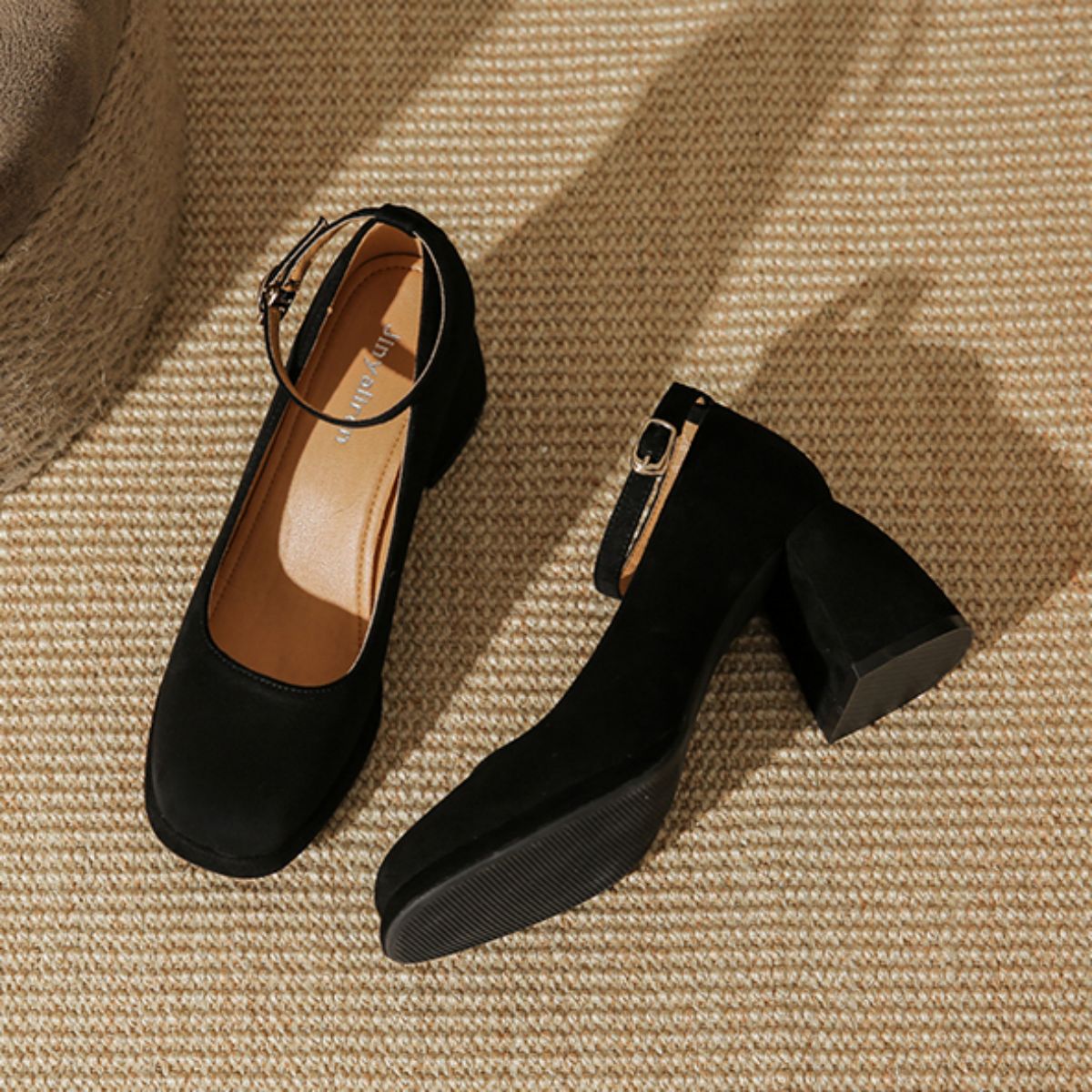 Mary Jane Velvet French Style Chunky Heel Shoes - Versatile Square Toe Low-cut Women's Shoes-black
