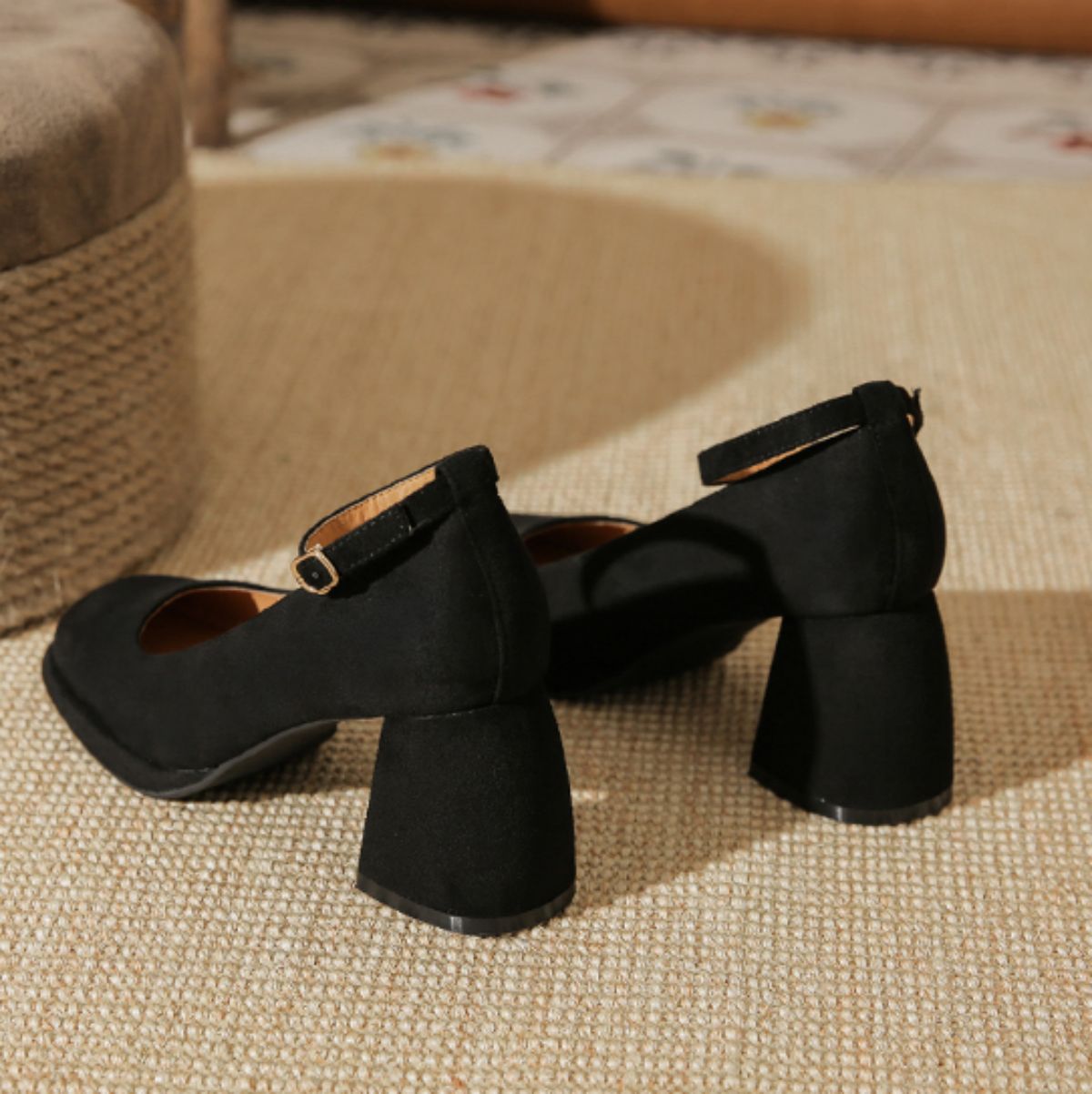Mary Jane Velvet French Style Chunky Heel Shoes - Versatile Square Toe Low-cut Women's Shoes-black