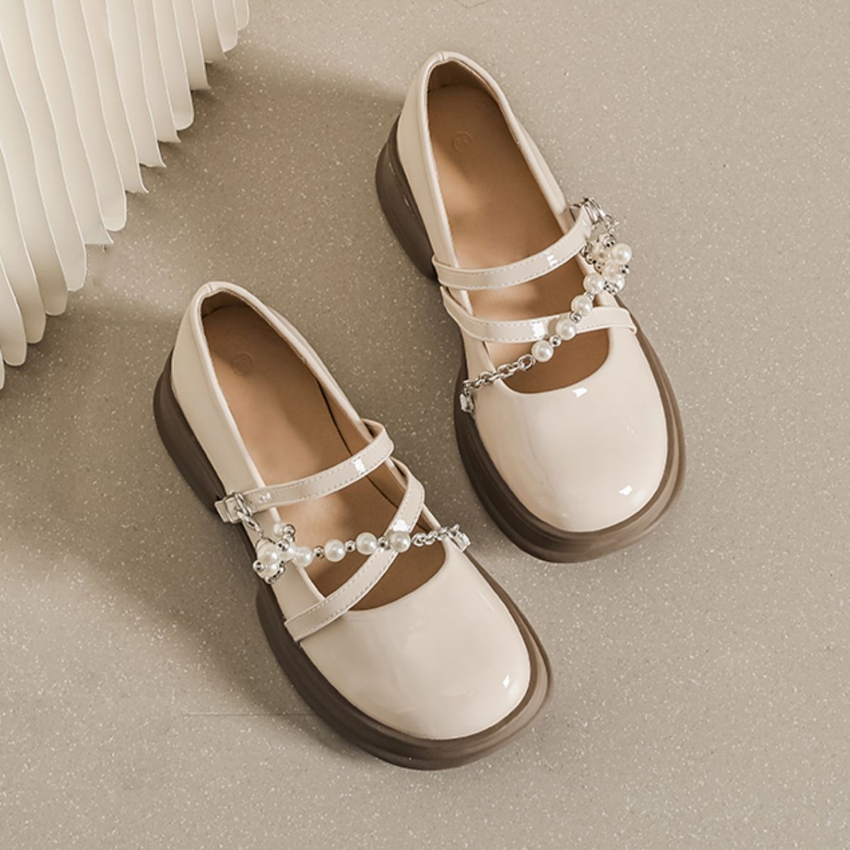 Genuine Leather Pearl Thick Sole Mary Jane Shoes - Height Increasing Small Leather Shoes
