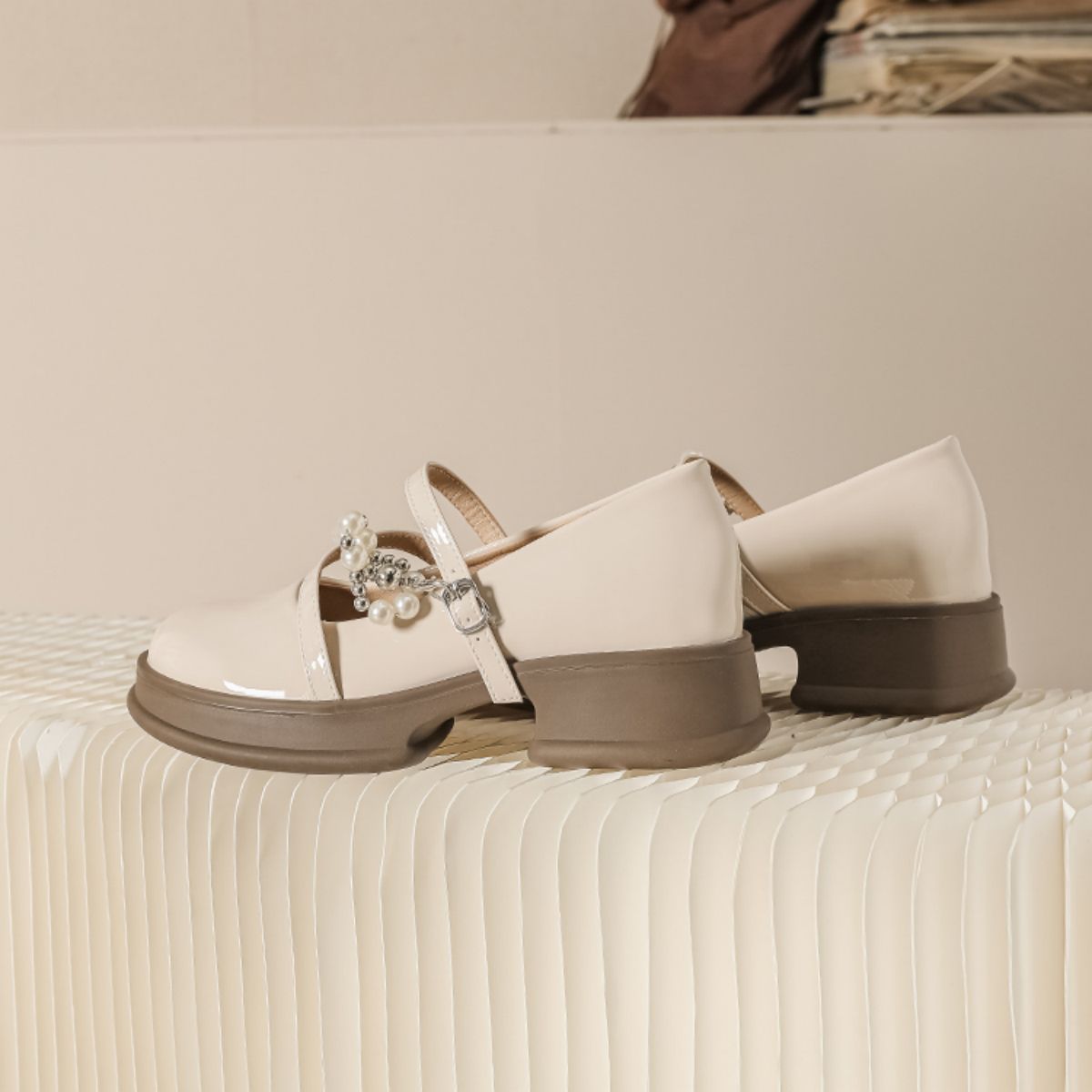 Genuine Leather Pearl Thick Sole Mary Jane Shoes - Height Increasing Small Leather Shoes