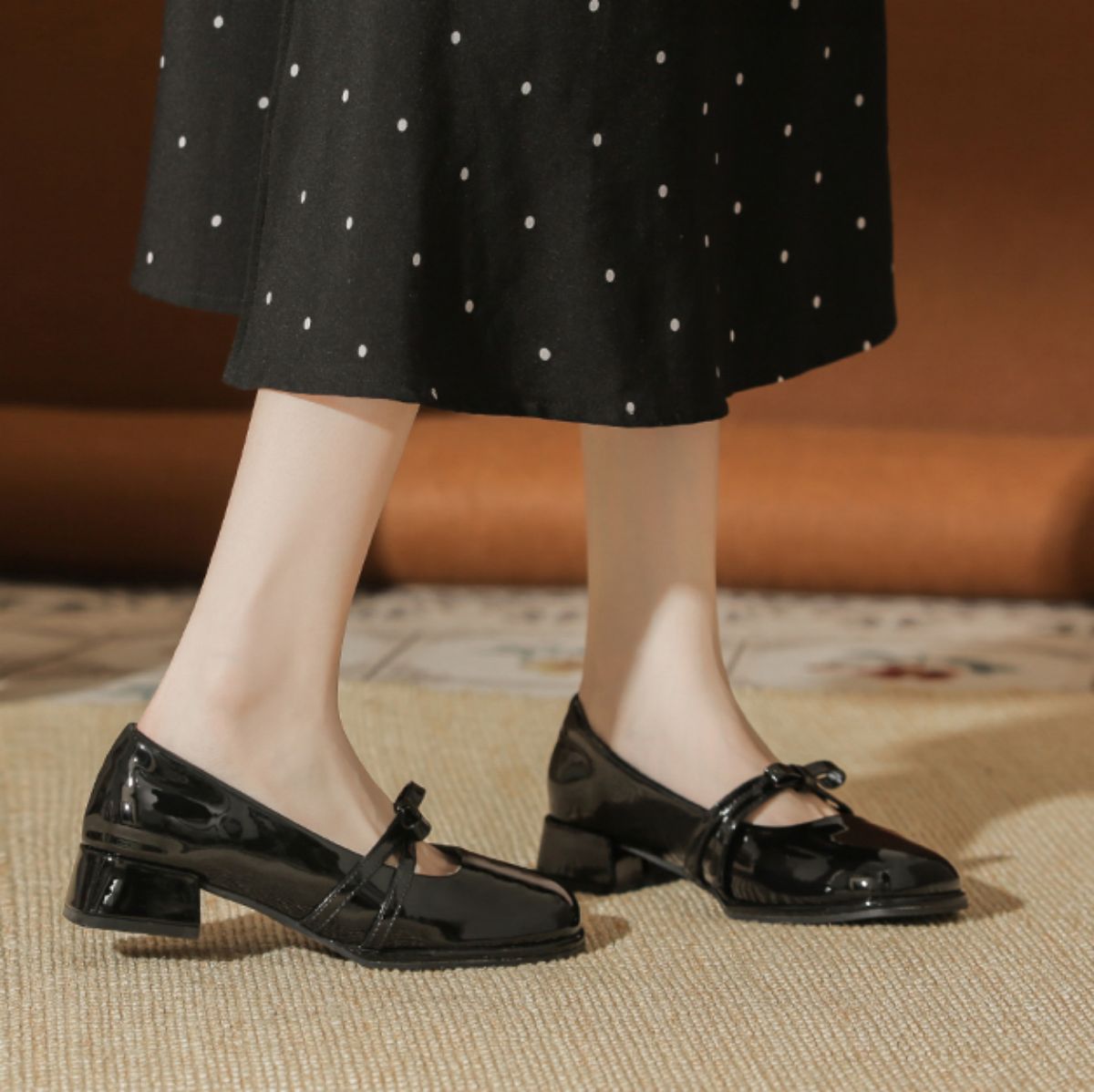 Genuine Leather French Bow Chunky Mid-Heel Small Leather Shoes