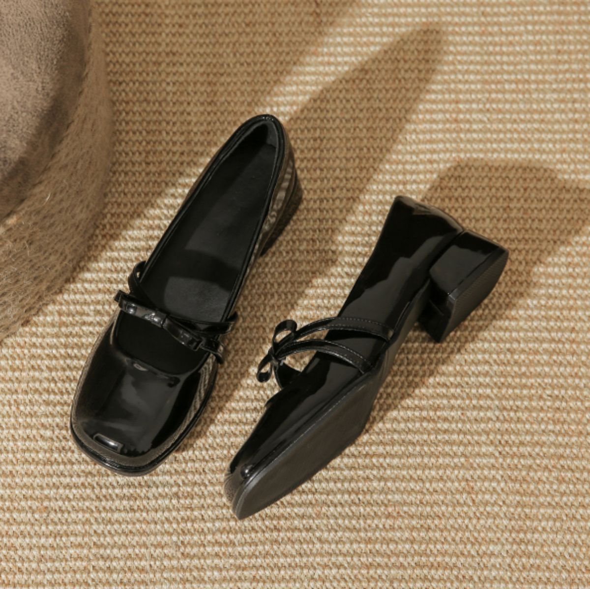 Genuine Leather French Bow Chunky Mid-Heel Small Leather Shoes
