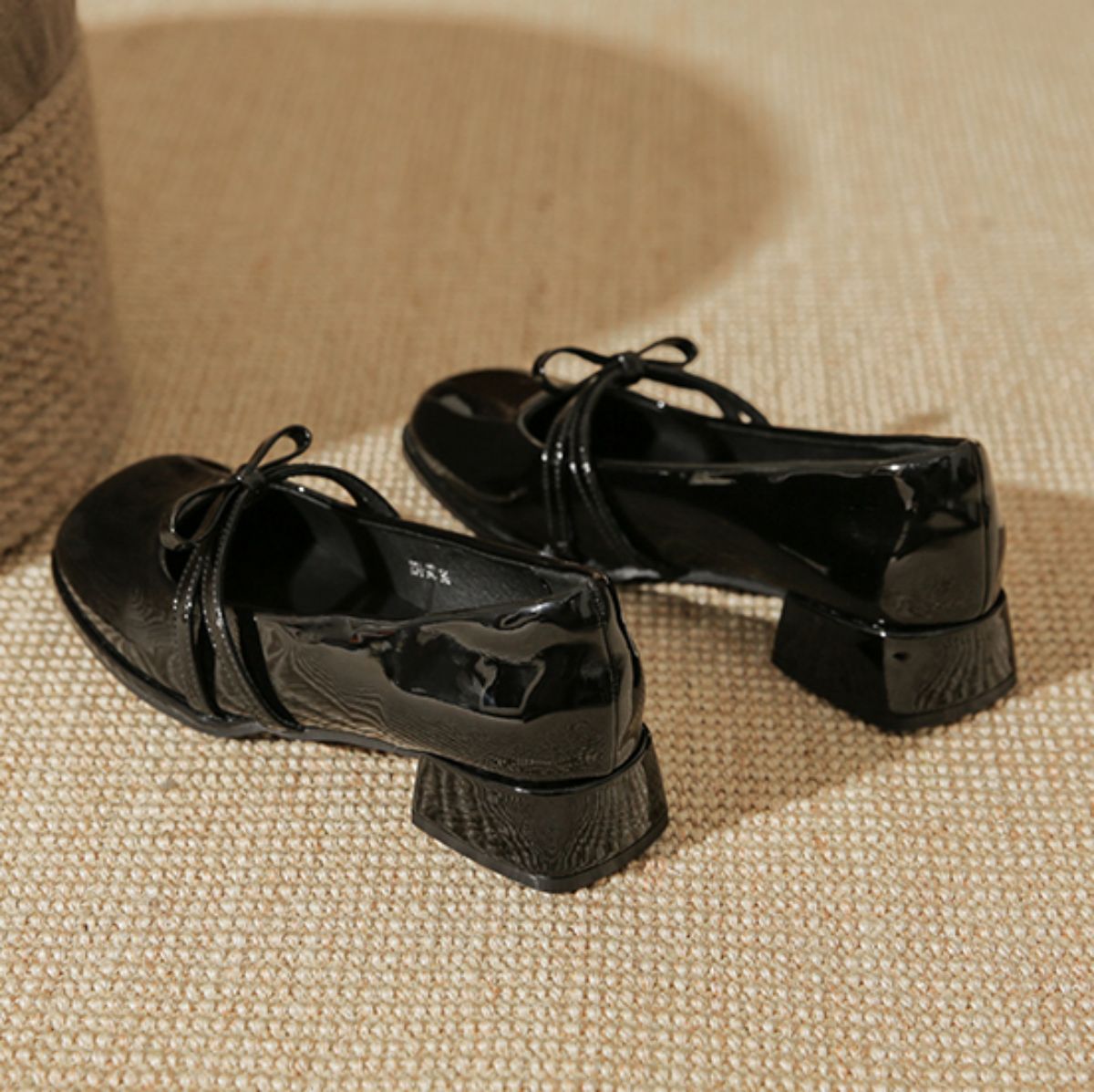 Genuine Leather French Bow Chunky Mid-Heel Small Leather Shoes
