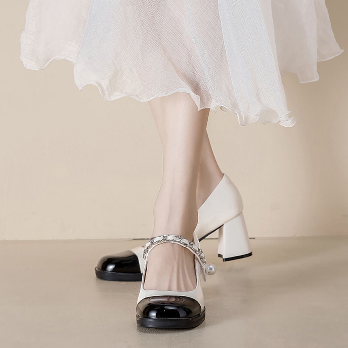 Genuine Leather Small Chanel-style Chunky Heel Black and White High Heels