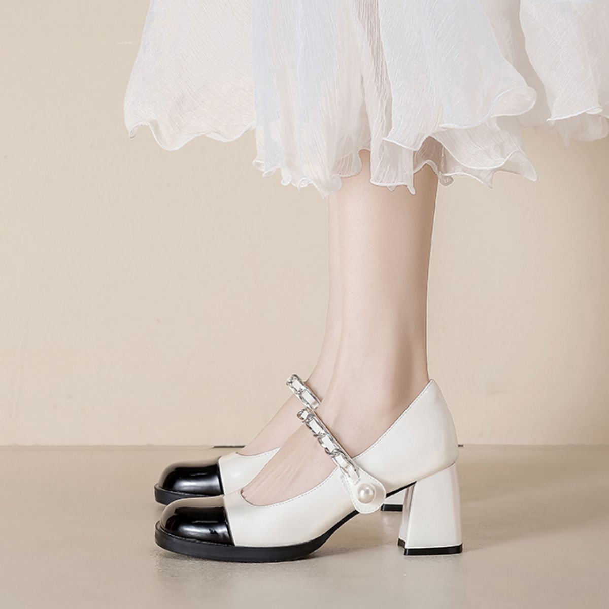 Genuine Leather Small Chanel-style Chunky Heel Black and White High Heels