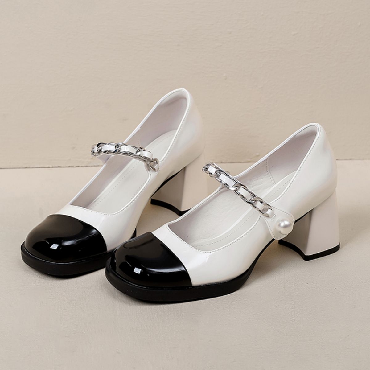 Genuine Leather Small Chanel-style Chunky Heel Black and White High Heels