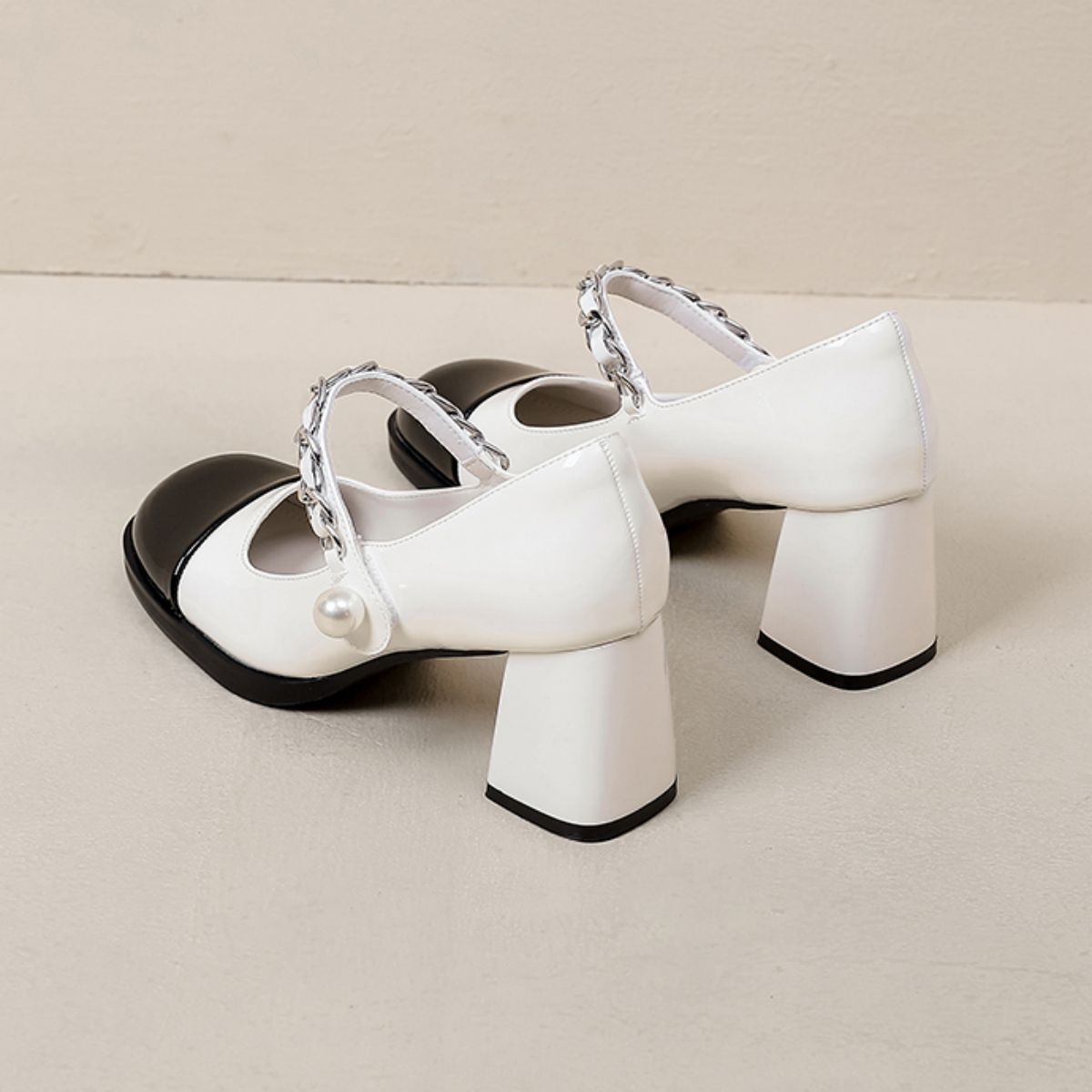 Genuine Leather Small Chanel-style Chunky Heel Black and White High Heels