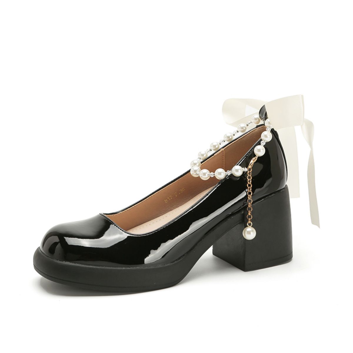 Genuine Leather Thick Sole Ethereal Bow Chain Pearl High Heels