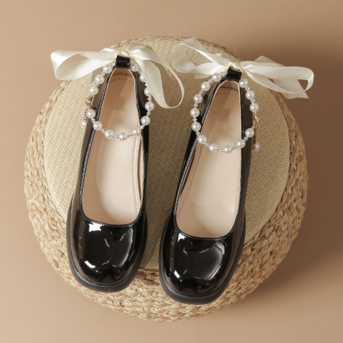 Genuine Leather Thick Sole Ethereal Bow Chain Pearl High Heels
