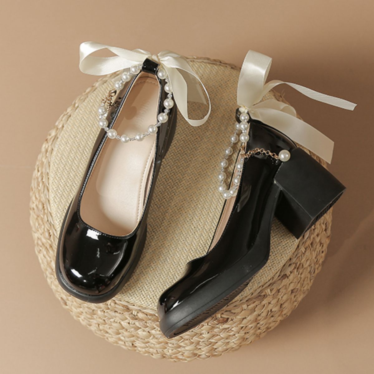 Genuine Leather Thick Sole Ethereal Bow Chain Pearl High Heels