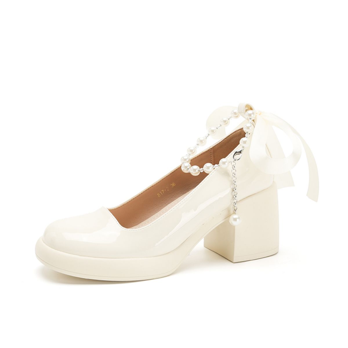 Genuine Leather Thick Sole Ethereal Bow Chain Pearl High Heels-white