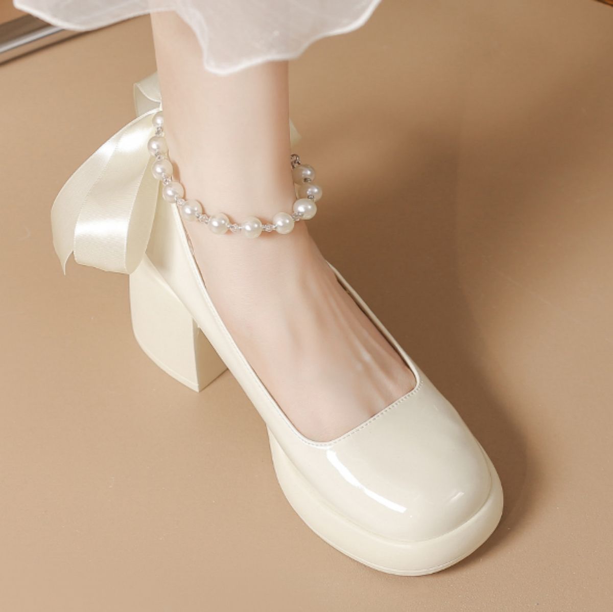 Genuine Leather Thick Sole Ethereal Bow Chain Pearl High Heels-white