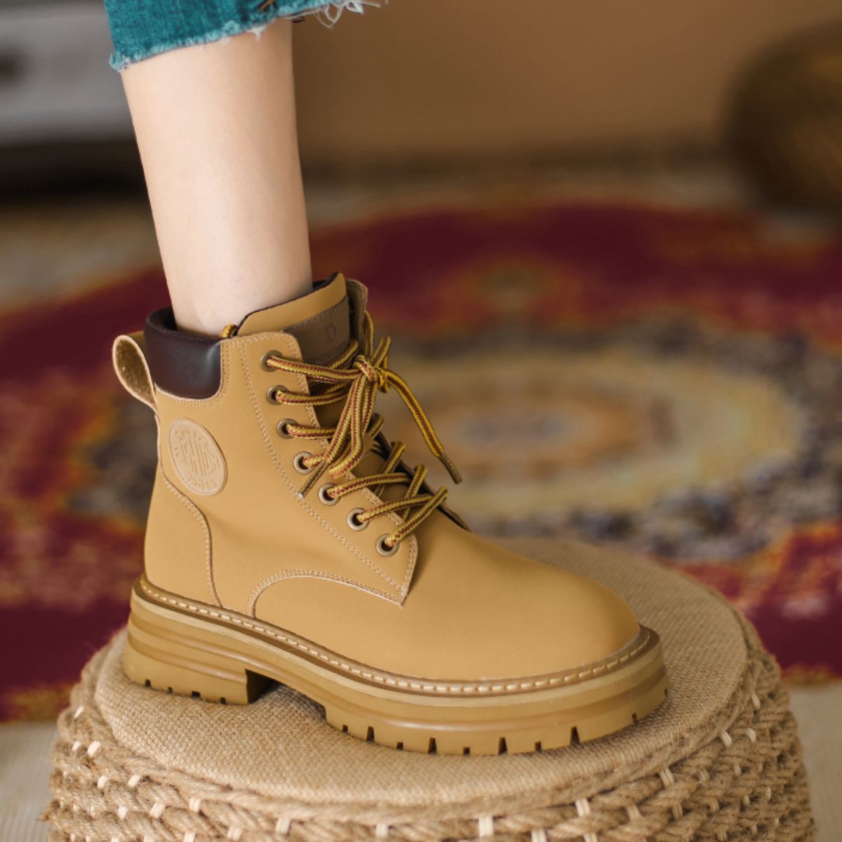 Genuine leather Martin boots, retro British style thick soled yellow boots