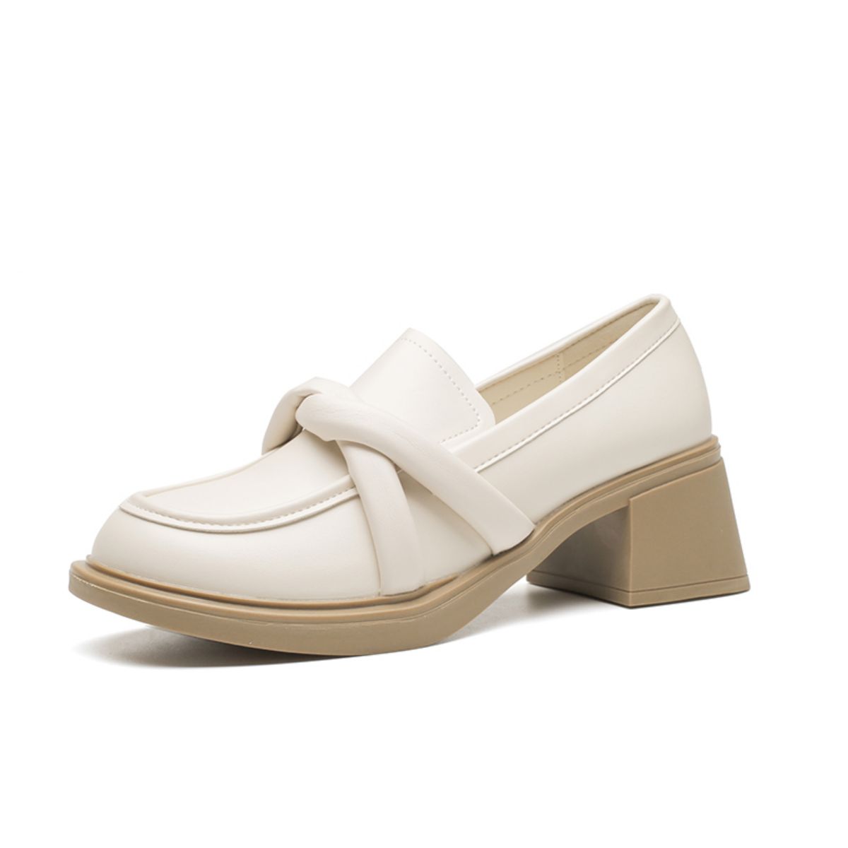 Elegant Genuine Leather Small Heeled Shoes with Mid-High Chunky Heels - Small Leather Shoes with Sophisticated Charm