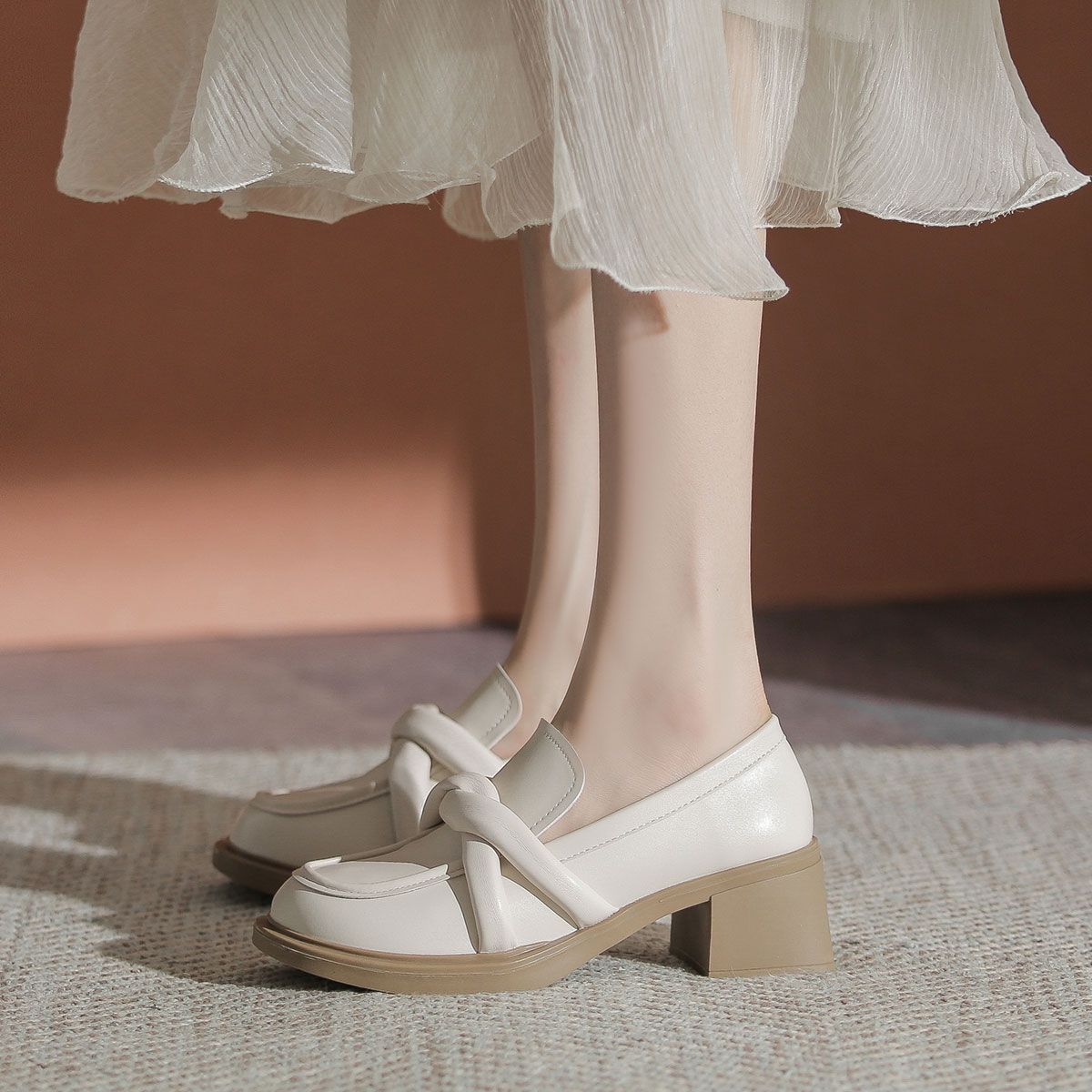 Elegant Genuine Leather Small Heeled Shoes with Mid-High Chunky Heels - Small Leather Shoes with Sophisticated Charm