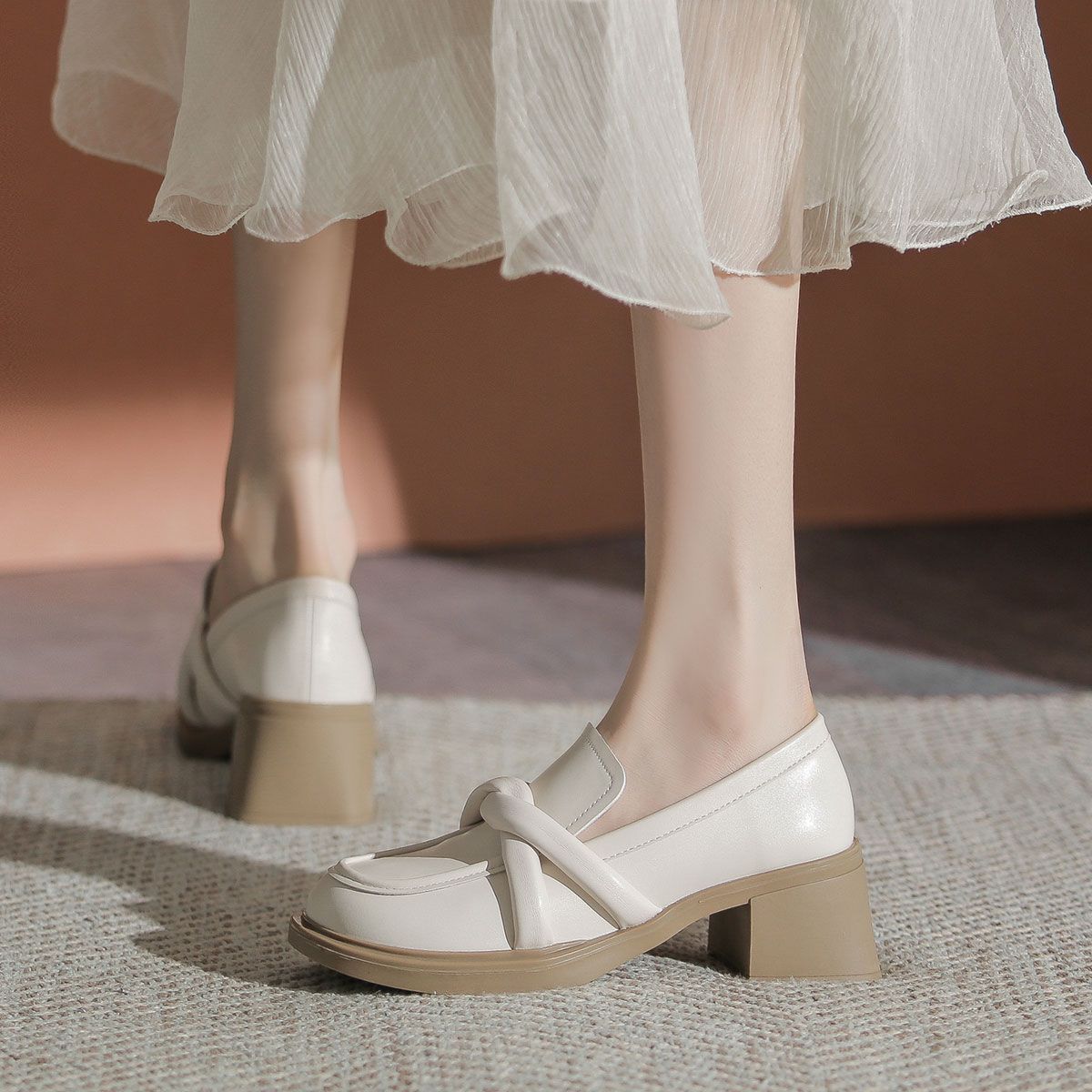 Elegant Genuine Leather Small Heeled Shoes with Mid-High Chunky Heels - Small Leather Shoes with Sophisticated Charm