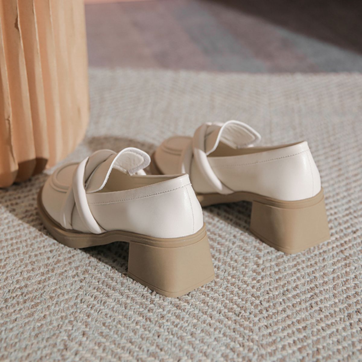 Elegant Genuine Leather Small Heeled Shoes with Mid-High Chunky Heels - Small Leather Shoes with Sophisticated Charm